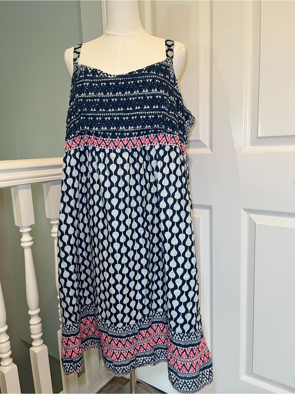 Women's Navy & Pink Cotton Embroidered smocked geometric Printed Sundress 18